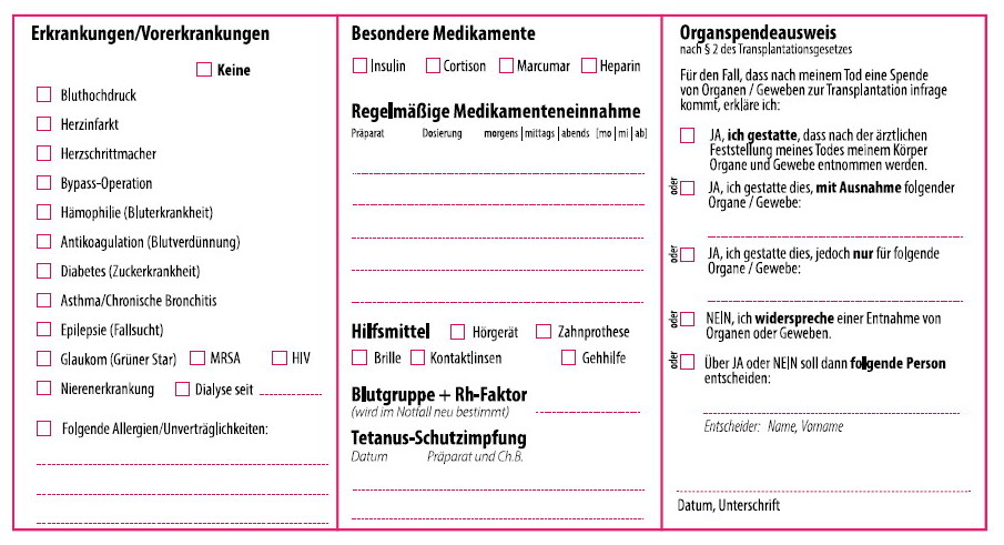 Der Notfallausweis für die Hosentasche: ein kostenloser Service deiner Radieschenliste (© Radieschenverlag, S. Stengel).